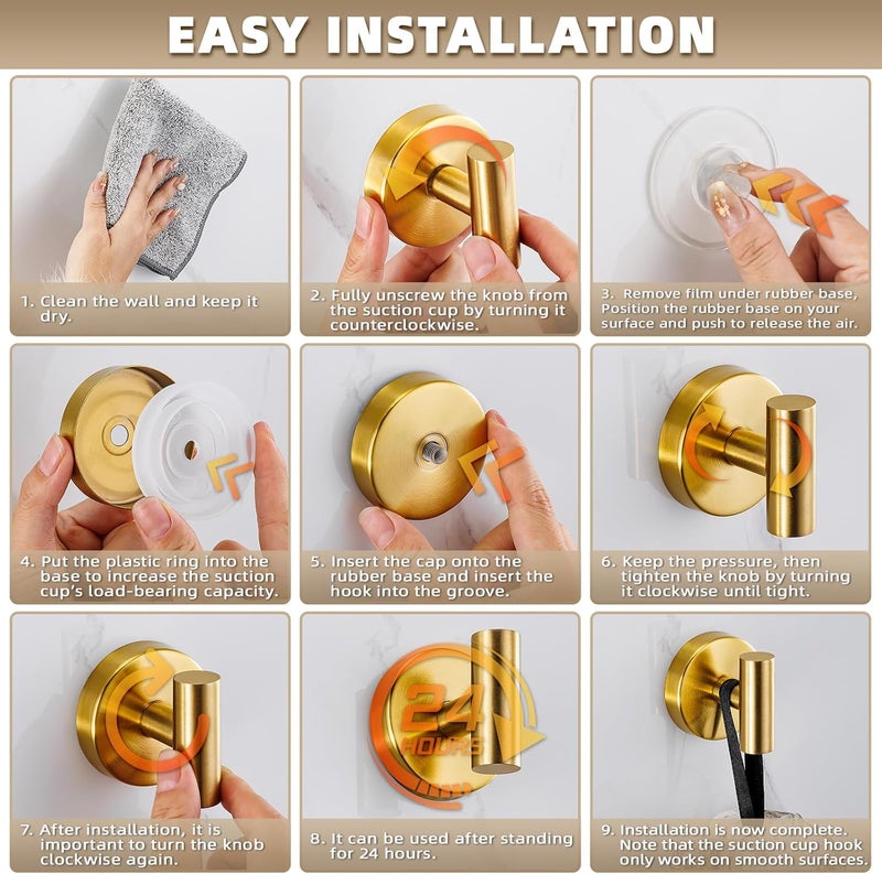Fenas Suction Cup Hooks for Shower - Bathroom Reusable Hooks for Towels, Robes & Loofah - No-Drill Mounting on Kitchen,Walls,Metal,Glass,Mirrors,Tile & Smooth Non-Porous Surfaces (4, Brushed Gold) - Image 5